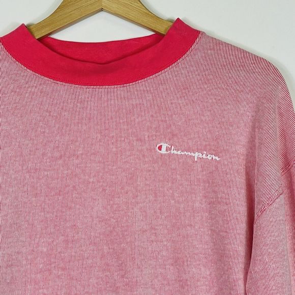 Champion Pink White Stripe Cropped Lightweight Sweatshirt Shirt Top Womens Small - Picture 2 of 6